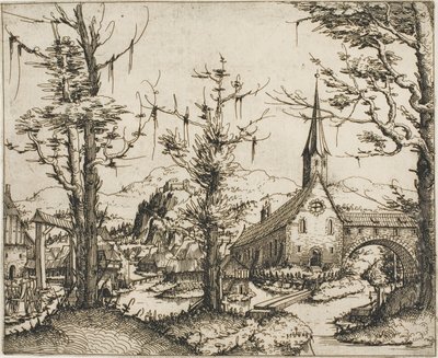 Táj templommal és fedett híddal alkotó: Augustin Hirschvogel