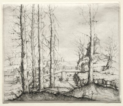 Folyói táj öt csupasz lucfával az előtérben, 1549. alkotó: Augustin Hirschvogel