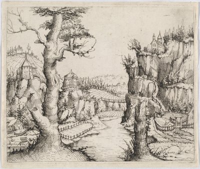 Folyói táj magas sziklákkal, 1546. alkotó: Augustin Hirschvogel