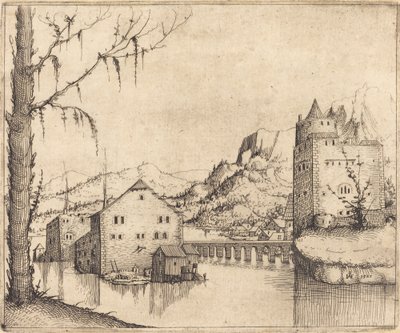 Folyói táj két épülettel alkotó: Augustin Hirschvogel