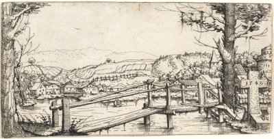 Folyói táj gyaloghíddal, 1546. alkotó: Augustin Hirschvogel