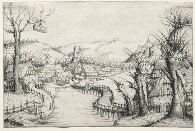 Folyói táj jobbról három csupasz fűzfával és egy hosszú kanyargós fahíddal..., 1546. alkotó: Augustin Hirschvogel