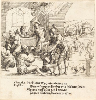 Efraim emberei gondoskodnak foglyairól, és visszaviszik őket Jerikóba, 1549. alkotó: Augustin Hirschvogel
