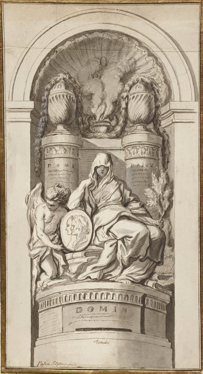 Tanulmány egy temetkezési emlékműhöz, 1750 (fekete kréta, toll és barna tinta, barna és szürke mosás, fehér kiemelés két összeillesztett lapon) alkotó: Augustin Pajou
