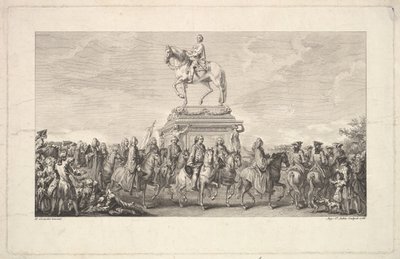 XV. Lajos szobrának felavatása, matrica az 1. oldalon, a Description des Trava...-ból, 1766. alkotó: Augustin de Saint Aubin