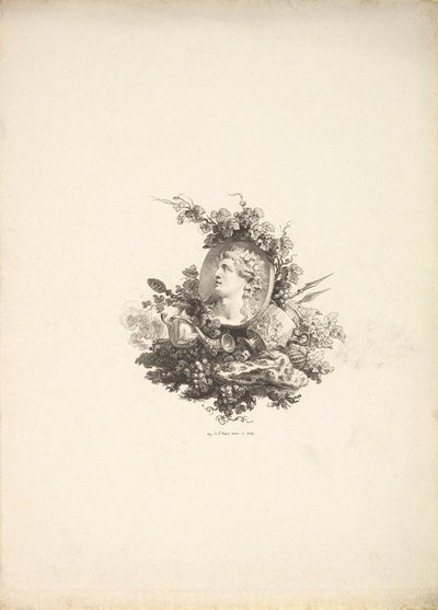 Vignetta Bacchus fejével egy kornélián, I. kötet, 242. oldal, a Description de..., 1778-80. alkotó: Augustin de Saint Aubin
