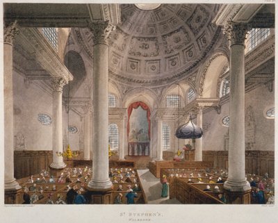 A Szent István Walbrook-templom belseje egy istentisztelet alatt, London City, 1809 alkotó: Augustus Charles Pugin, Thomas Rowlandson