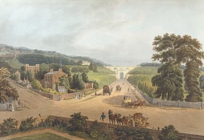 Kilátás a Highgate boltívre, 1821, John Hill (1770-1850) metszet (akvatinta) alkotó: Augustus Charles Pugin