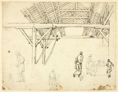 Elutasított tanulmány, esetleg a Vámház illusztrációjához, a londoni Microcosm-tól (recto); Vázlatok hordós munkásokról (fordítva) alkotó: Augustus Charles Pugin