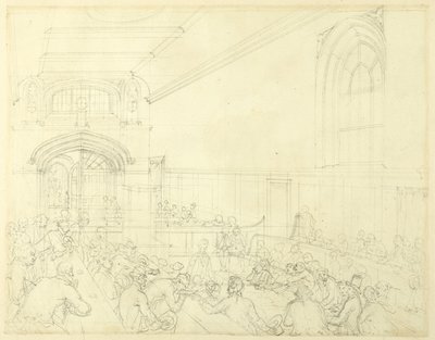 Tanulmány a Guild Hall számára, egy csődbe ment személy vizsgálata hitelezői előtt, a londoni Microcosmtól alkotó: Augustus Charles Pugin