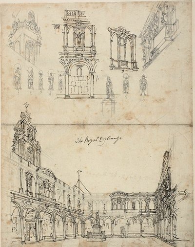 Tanulmány a Royal Exchange számára, a londoni Microcosmtól alkotó: Augustus Charles Pugin