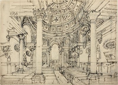 Tanulmány a Walbrook Church számára (recto); Vázlatok vitorlásokról, férfiakról és gumicsónakokról (fordítva) alkotó: Augustus Charles Pugin