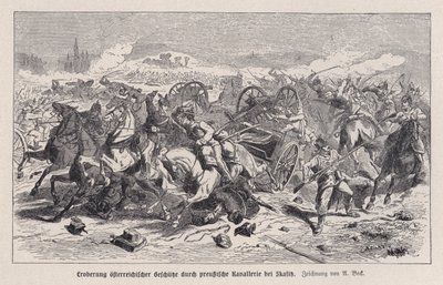 A porosz lovasság által elfogott osztrák fegyverek a skalitzi csatában, csehországi, osztrák-porosz háborúban alkotó: Augustus J. Beck