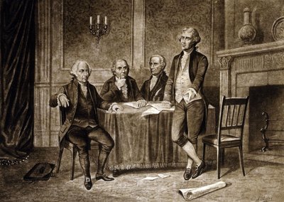 A kontinentális kongresszus vezetői 1775: John Adams, Robert Morris, Alexander Hamilton, Thomas Jefferson, Augustus Tholey rajza (1894) alkotó: Augustus Tholey