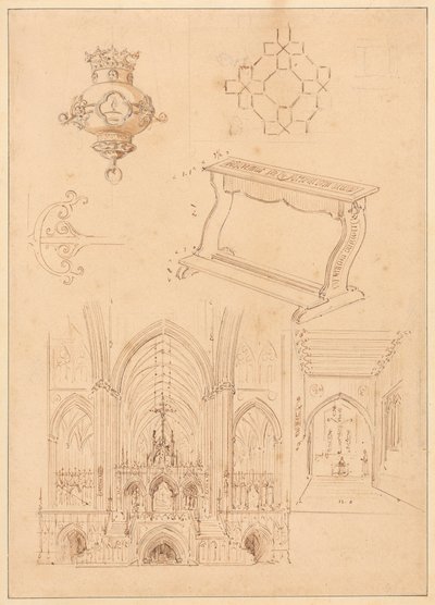 Tervek gótikus díszítéshez, térdelő és két vázlat a gótikus templomok belső tereiről alkotó: Augustus Welby Northmore Pugin