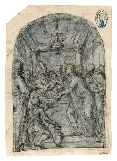 A bemutatás a templomban (kréta, toll és tinta, mosás, fehér kiemelés, papír) alkotó: Aurelio (attr. to) Luini