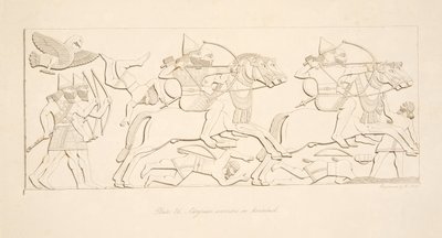 Asszír harcosok lóháton, Ninive emlékműveiből, kocsma. 1849 alkotó: Austen Henry Layard