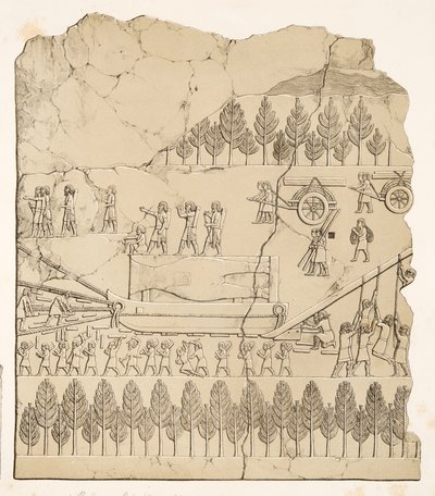 Asszírok szárnyas bikát mozgatnak a szánon (Kouyunjik), Ninive emlékművei, kocsma. 1849 (metszet) alkotó: Austen Henry Layard