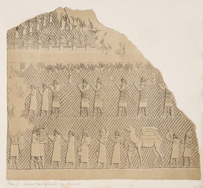 Foglyok és a fallal körülvett város egy része (Kouyunjik) illusztráció a Ninivei emlékművekből, 1858 alkotó: Austen Henry Layard