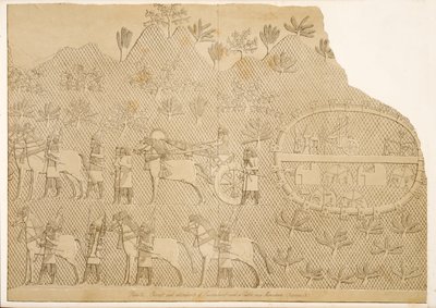 Szennaherib szekere és kísérői, valamint egy hegyi kastély (Kouyunjik), Ninive emlékműveiből, kocsma. 1849 alkotó: Austen Henry Layard