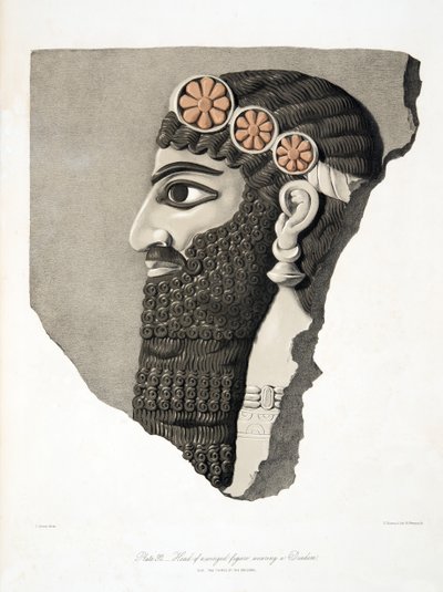 Egy diadémet viselő, szárnyas alak feje a Ninivei Emlékművekből, kocsmából. 1849 alkotó: Austen Henry Layard