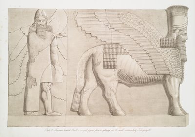 Emberfejű bika és szárnyas alak a Kouyunjikot [Quyunjik] körülvevő fal átjárójából, 1853 alkotó: Austen Henry Layard