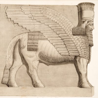 Emberfejű bika és szárnyas alak a Kouyunjik-ot körülvevő fal átjárójából, Ninive emlékművei, kocsma. 1849 alkotó: Austen Henry Layard