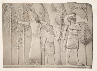 Vadászok gazellával, nyúllal és madarakkal (Khorsabad), a Monuments of Ninive, kocsma. 1849 alkotó: Austen Henry Layard