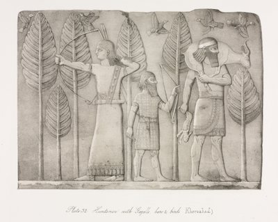 Ninive műemlékei: 32. tábla, Vadász gazellával, nyúllal és madarakkal Khorsabad, 1853. alkotó: Austen Henry Layard