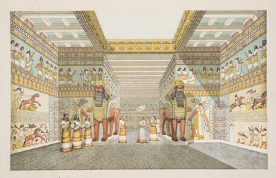 Egy asszír palota csarnokának rekonstrukciója, Ninive emlékműveiből, kocsma. 1849 (kézzel színezett metszet) alkotó: Austen Henry Layard