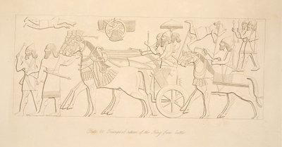 A király diadalmas visszatérése a csatából, Ninive emlékműveiből, kocsma. 1849 alkotó: Austen Henry Layard