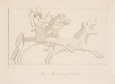 Harcos, aki egy vad bikát üldöz, Ninive emlékművei, kocsma. 1849 alkotó: Austen Henry Layard