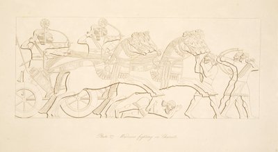Harcosok harcoló szekereken, Ninive emlékműveiből, kocsma. 1849 alkotó: Austen Henry Layard
