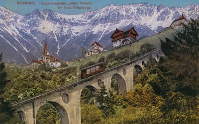 Innsbruck - siklóvasút és viadukt. 1913-ban feladott képeslap. alkotó: Austrian Photographer