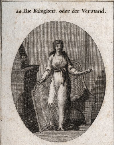 A kapacitás (vagy intelligencia) allegóriája. A teve és a tükör az ő tulajdonságai. Gravírozás "" ikonológiába, vagy a szenvedélyek és allegóriák területéről rajzolók, festők, költők, tudósok, oktatók és barátok számára ábrázolt ötletek alkotó: Austrian School