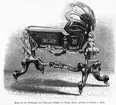 Az osztrák koronaherceg kiságya, illusztráció a Leipziger Illustrirte Zeitungból, 1859 (fametszet) alkotó: Austrian School