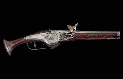 Karintiai (Ferlach) pisztoly kerékreteszelő mechanizmussal, belső automatikus biztonsági rendszerrel, 1650 körül (acél és dió) alkotó: Austrian School