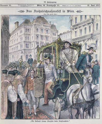 Ferenc József osztrák császár a bécsi Szent István-székesegyházba érkezik, hogy megünnepelje Corpus Christi (Fronleichnam) ünnepét, 1897; alkotó: Austrian School