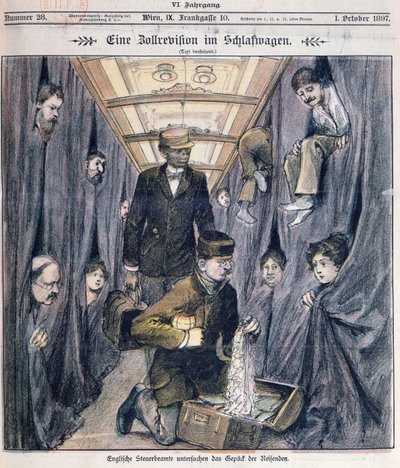 Angol vámtisztek poggyászokat vizsgálnak egy hálókocsiban alkotó: Austrian School