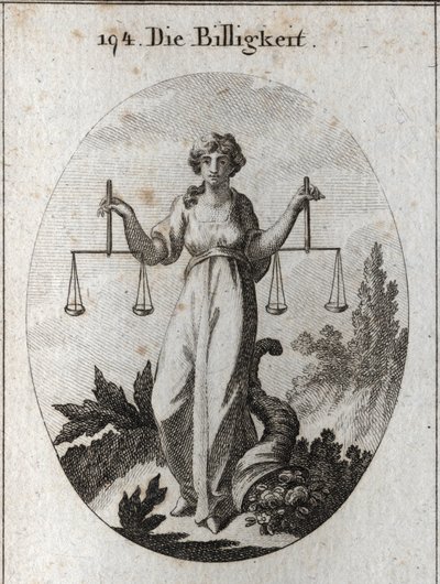 Méltányosság-allegória két mérleget tart egy magasságban. Tulajdonsága a bőség kürtje, hogy megmutassa, jósággal jutalmazza, miután helyesen tisztázott. Metszet „” Iconologie oder Ideen aus dem Gebiete der Leidenschaften und Allegorien bildic betűkkel alkotó: Austrian School
