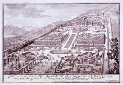 Huldenburg báró csodálatos kertjei és palotája, amelyet ő épített Widlingsauban, 1719 alkotó: Austrian School