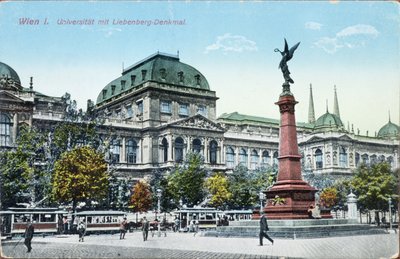 A Bécsi Egyetemet és a Liebenberg-emlékművet ábrázoló képeslap, 1915 körül alkotó: Austrian School