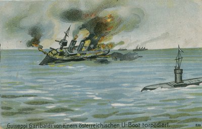 A Giuseppe Garibaldi olasz cirkáló elsüllyesztése az osztrák U-4-es tengeralattjáró által, I. világháború, 1915. július 18. alkotó: Austrian School