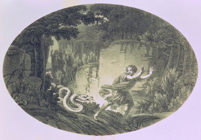 Tamino egy óriási kígyó által üldözve, Wolfgang Amadeus Mozart (1756-91) „A varázsfuvola” I. felvonása (metszet) alkotó: Austrian School