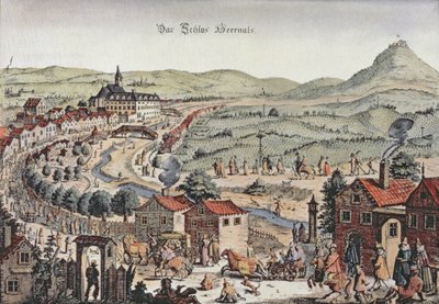 Kilátás Bécs északi részére a Schlos Hernals-szal és a Kahlenberg-hegyekkel a háttérben (metszet) alkotó: Austrian School