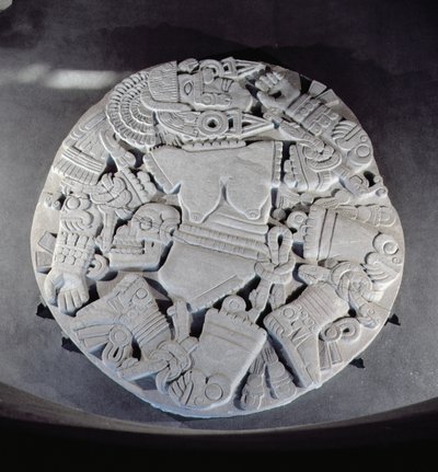 Coyolxauhqui holdistennő feldarabolását ábrázoló faragvány, amelyet a tenochtitlani ikerpiramis lábánál találtak, késő posztklasszikus időszak (1300-1521) (lásd még 97326). alkotó: Aztec