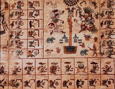 Azték istenségek és a naptárnak megfelelő dobozok ábrázolása. Az azték kéreg kéziratának oldala „Codex Borbonicus”, Közép-Mexikó prekolumbiai őslakos kódexe, 15. század vége. Nemzetgyűlés könyvtára (Palais Bourbon). alkotó: Aztec
