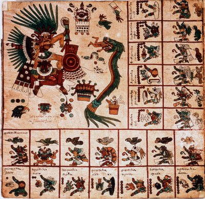 Quetzalcoatl és Tezcatlipoca, azték istenségek és a naptárnak megfelelő dobozok ábrázolása. Az azték kéreg kéziratának oldala „Codex Borbonicus”, Közép-Mexikó prekolumbiai őslakos kódexe, 15. század vége. Nemzeti Könyvtár alkotó: Aztec