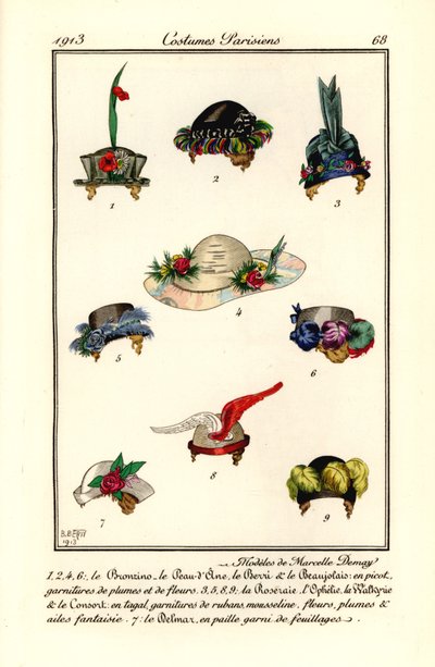 Marcelle Demay kalaptervező női sapka. Marcelle Demay modelljei. Kézzel színezett pochoir (stencil) rézkarc B. Berty illusztrációja nyomán Tommaso Antongini Journal des Dames et des Modes, Aux Bureaux du Journal des Dames, Párizs alkotó: B Berty