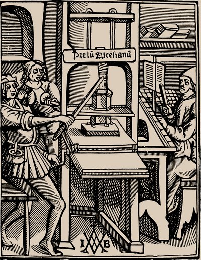 Prelum Ascensianum: nyomtató készülék a nyomdával a munkahelyen, 1508. alkotó: Badius